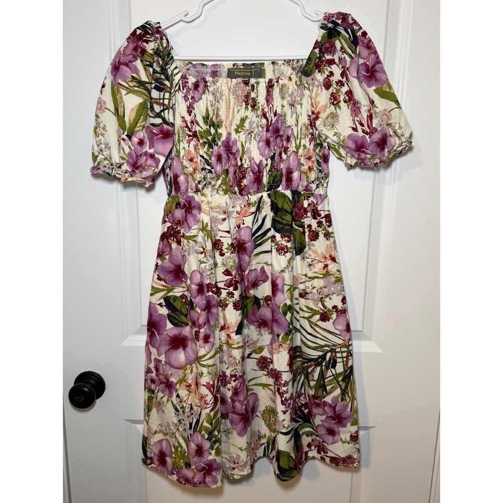 Melonie T Floral‎ Smocked Mini Dress Purple Green Puff Sleeve Pockets Size 8